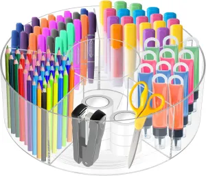 360° Rotating Clear Pencil Holder, Acrylic Pen Pencil Cup with 7 Removable Compartments Pencil Organizer for Office, Home, and Makeup Storage, Rotating Desk Organizer