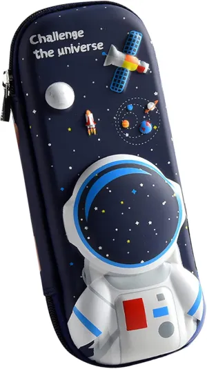 3D Astronaut Pencil Case for Kids Boys, Waterproof Pencil Box with Compartments Pen Pouch (Dark Blue)