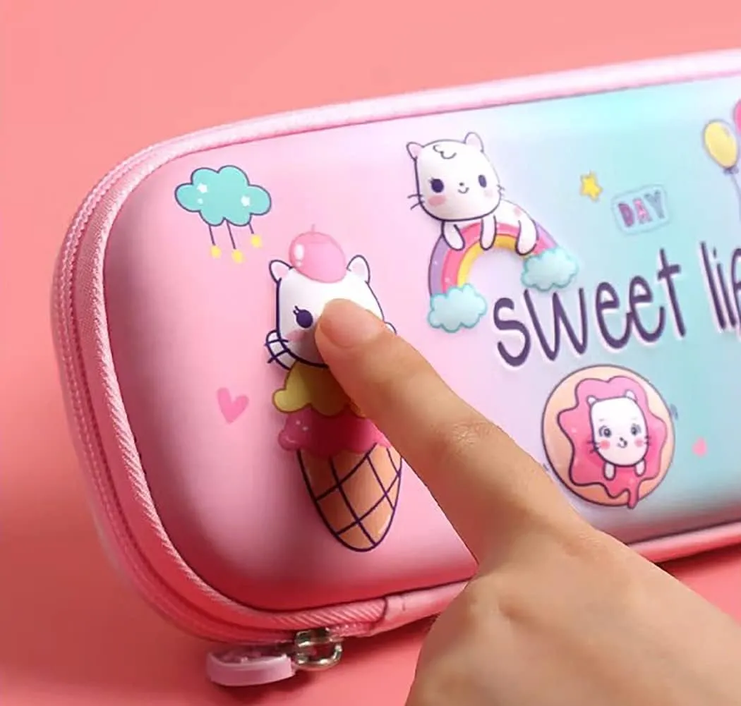 3D Ice Cream Pencil Case for Kids Girls, Waterproof Pencil Box with Compartments Pen Pouch (Pink)