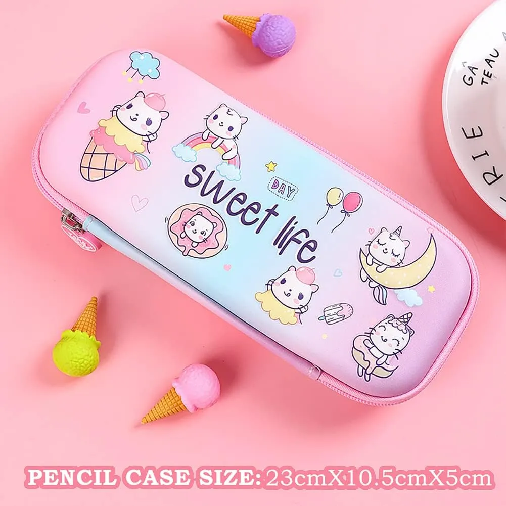 3D Ice Cream Pencil Case for Kids Girls, Waterproof Pencil Box with Compartments Pen Pouch (Pink)