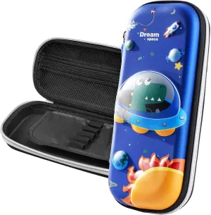 3D Space Dinosaur Pencil Case for Kids Boys, Waterproof Pencil Box with Compartments Pen Pouch (Blue)