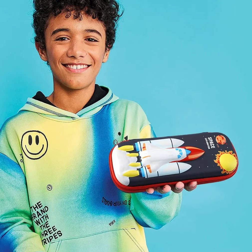 3D Space Shuttle Pencil Case for Kids Boys, Waterproof Pencil Box with Compartments Pen Pouch