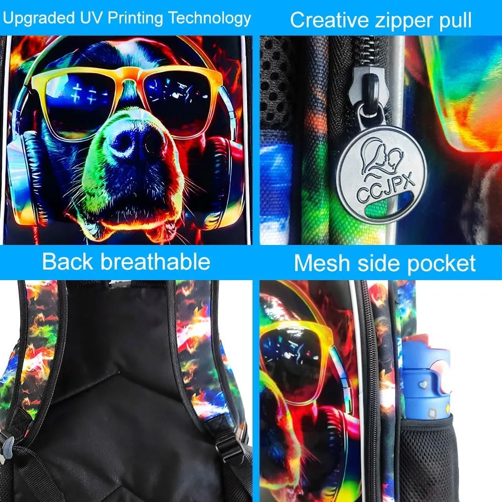 3PCS Boys Dog Bookbag, Water Resistant Kids Backpack with Lunch Box, 17" School Bag Set for Teenagers Middle Elementary - Sunglasses Dog