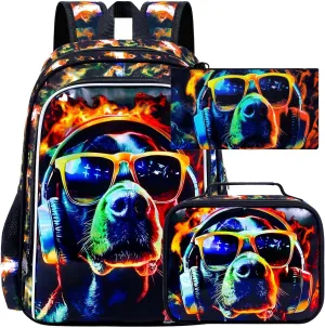 3PCS Boys Dog Bookbag, Water Resistant Kids Backpack with Lunch Box, 17" School Bag Set for Teenagers Middle Elementary - Sunglasses Dog