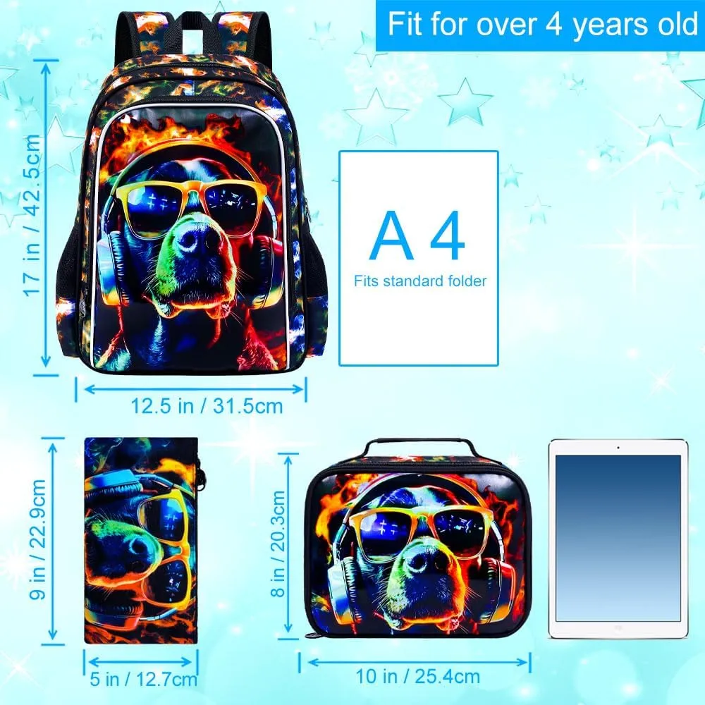 3PCS Boys Dog Bookbag, Water Resistant Kids Backpack with Lunch Box, 17" School Bag Set for Teenagers Middle Elementary - Sunglasses Dog