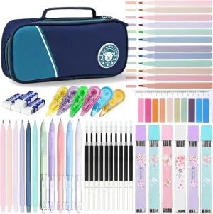 46 Pcs Large Capacity Pencil Pouch with Aesthetic School Supplies, 12 Pastel Highlighters, 5 Black Ink Gel Pens, 6 Mechanical Pencils Set 0.5 & 0.7mm, Sticky Notes, Stationary Set for Student (Green)