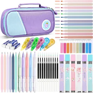 46 Pcs Large Capacity Pencil Pouch with Aesthetic School Supplies, 12 Pastel Highlighters, 5 Black Ink Gel Pens, 6 Mechanical Pencils Set 0.5 & 0.7mm, Sticky Notes, Stationary Set for Student (Purple)