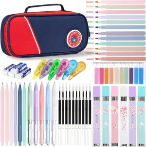 46 Pcs Large Capacity Pencil Pouch with Aesthetic School Supplies, 12 Pastel Highlighters, 5 Black Ink Gel Pens, 6 Mechanical Pencils Set 0.5 & 0.7mm, Sticky Notes, Stationary Set for Student (Red)