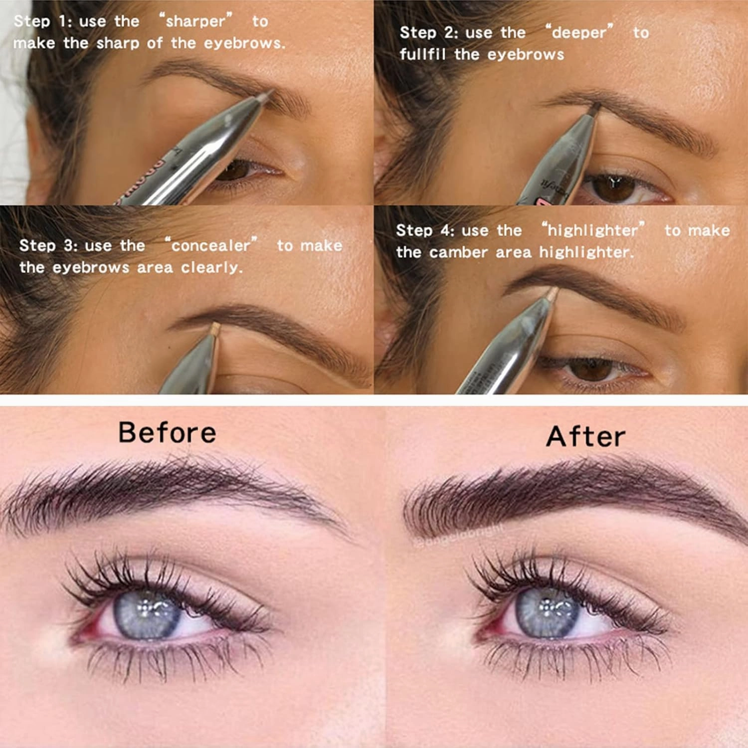 4-in-1 Defining & Highlighting Brow Pencil, Brow Contour Pro, 4 in 1 Brow Contour Highlight Pen (3pcs,2# Medium)