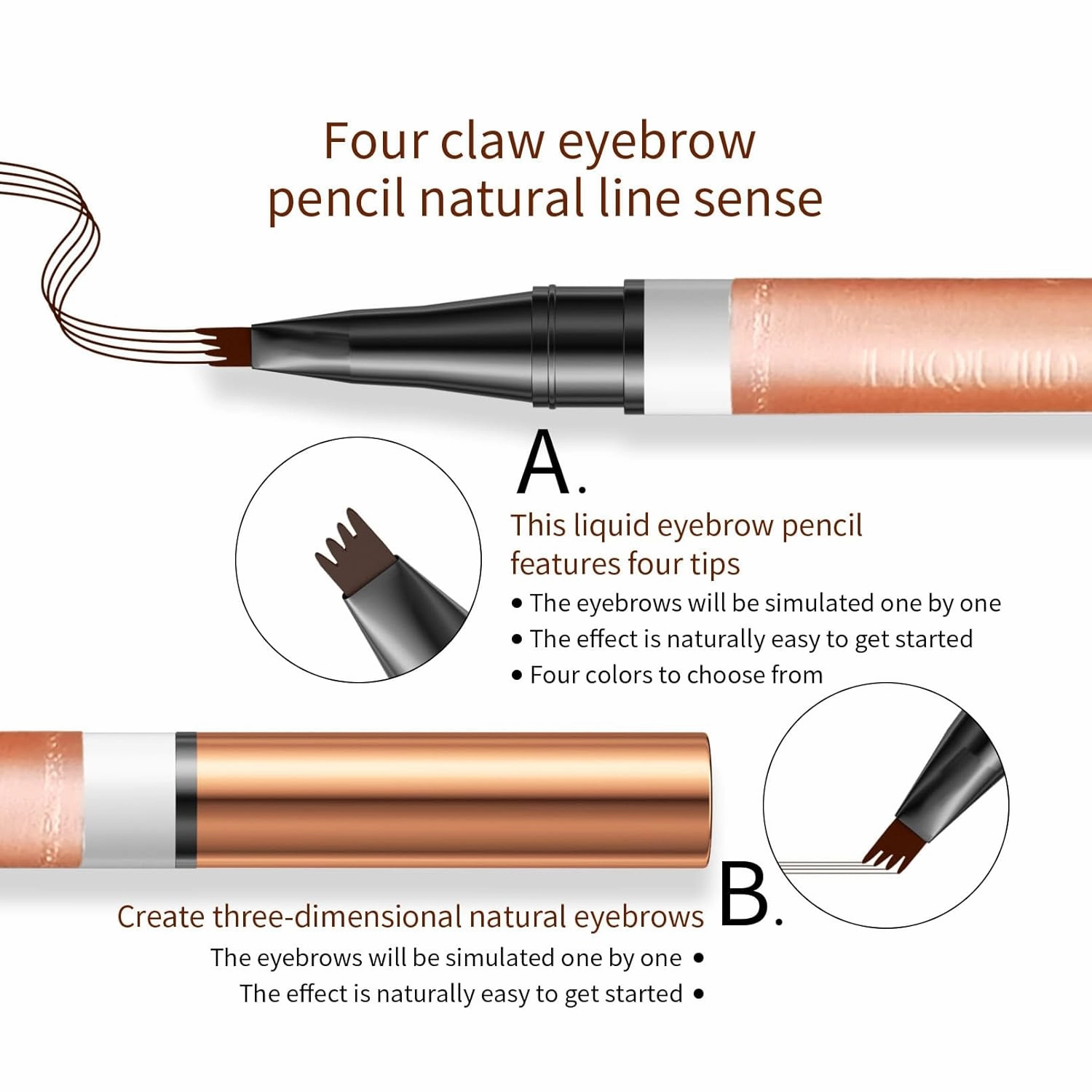 4-Tip Eyebrow Pen, 6 Colors Waterproof Long-Lasting Brow Pencil, Professional Makeup Tool (4#Black)