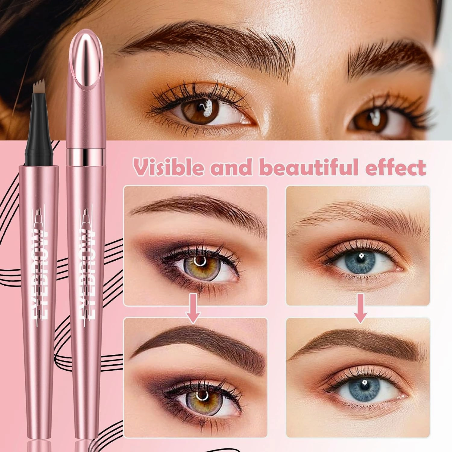 4D Four-Tip Eyebrow Pen - Waterproof, Long-Lasting, Smudge-Proof, Easy to Use for Perfect Brows and Defined Eyes - Black Eyebrow Pencil