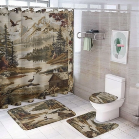 4Pcs Retro Rustic Jungle Cabin Shower Curtain Sets, Bath Mat and Rugs, Mountain Lake Duck Bird Shower Curtain with Hooks for Bathroom