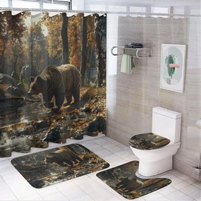 4Pcs Retro Rustic Wildlife Shower Curtain Sets, Bath Mat and Rugs, Jungle Stream Bear Animal Shower Curtain with Hooks for Bathroom