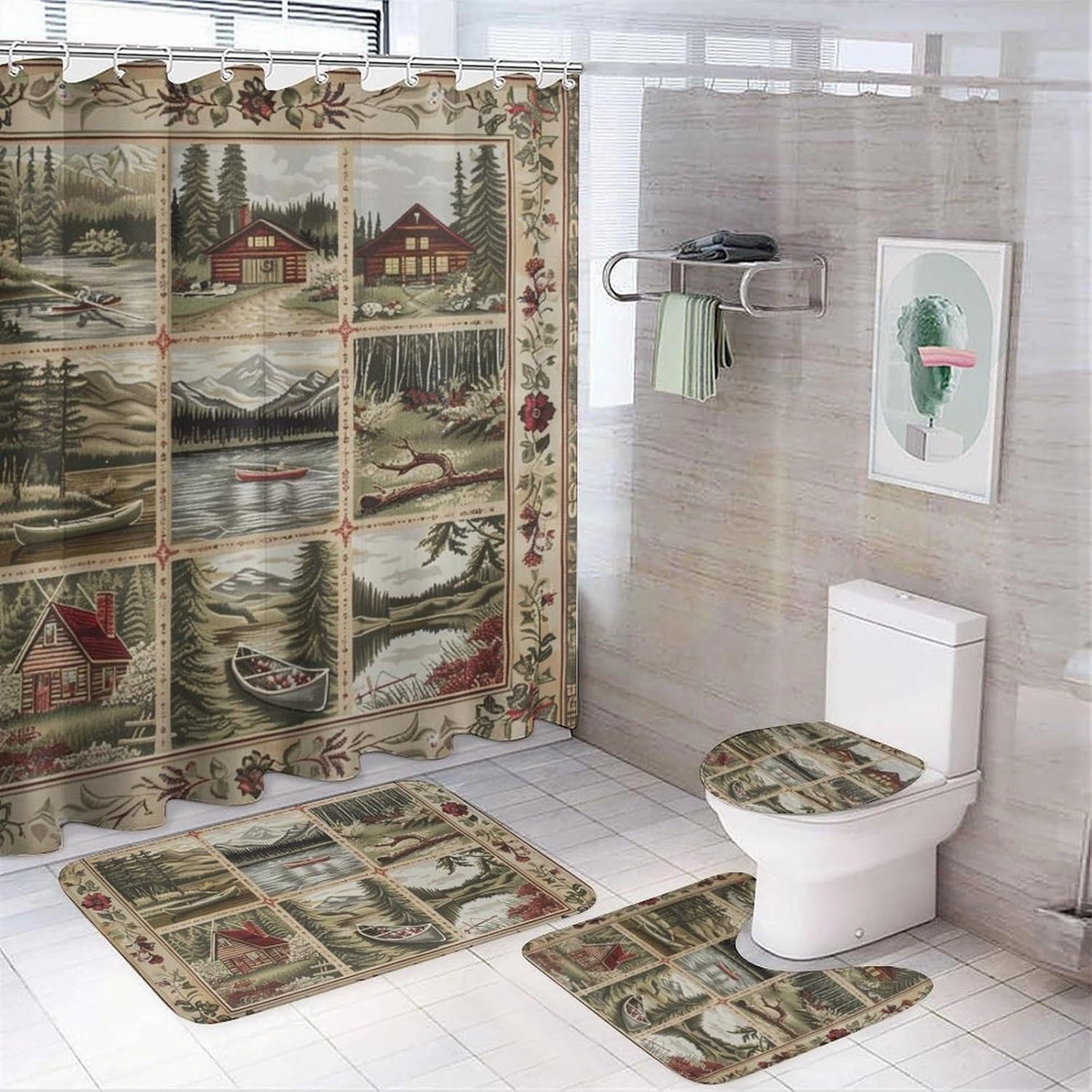 4Pcs Vintage Lake Boat Shower Curtain Sets, Bath Mat and Rugs, Farmhouse Jungle Cabin Shower Curtain with Hooks for Bathroom