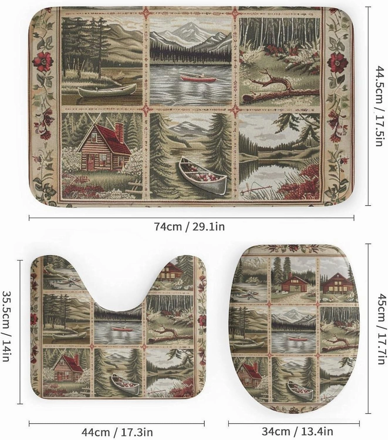 4Pcs Vintage Lake Boat Shower Curtain Sets, Bath Mat and Rugs, Farmhouse Jungle Cabin Shower Curtain with Hooks for Bathroom