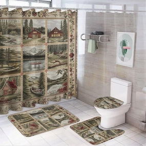 4Pcs Vintage Lake Boat Shower Curtain Sets, Bath Mat and Rugs, Farmhouse Jungle Cabin Shower Curtain with Hooks for Bathroom