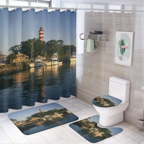 4pcs Waterways Lighthouse Boat Shower Curtain Set with Rugs, Toilet Lid Cover and Bath Mat, Modern Evening Trees Bathroom Curtains Decor Shower Curtains, 72" X 72"