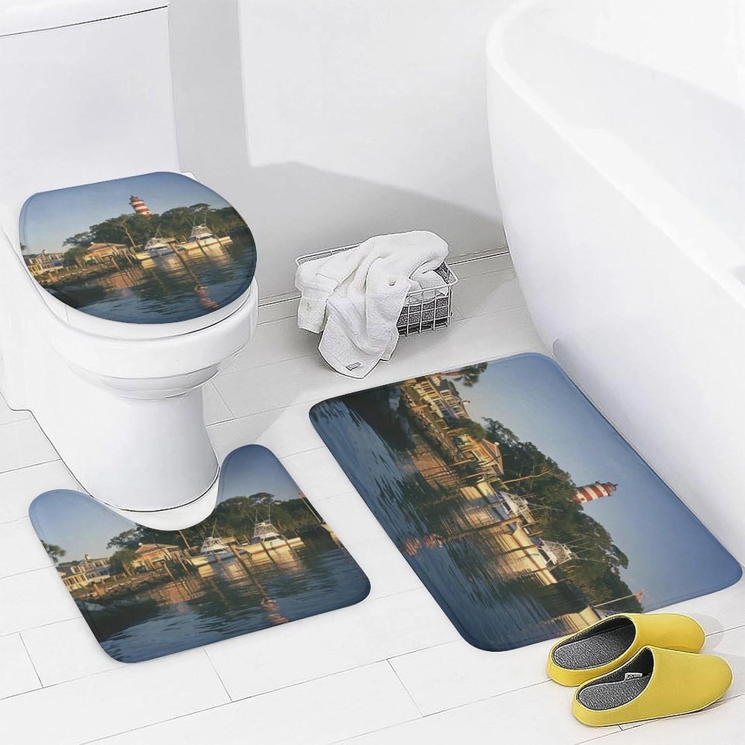 4pcs Waterways Lighthouse Boat Shower Curtain Set with Rugs, Toilet Lid Cover and Bath Mat, Modern Evening Trees Bathroom Curtains Decor Shower Curtains, 72" X 72"