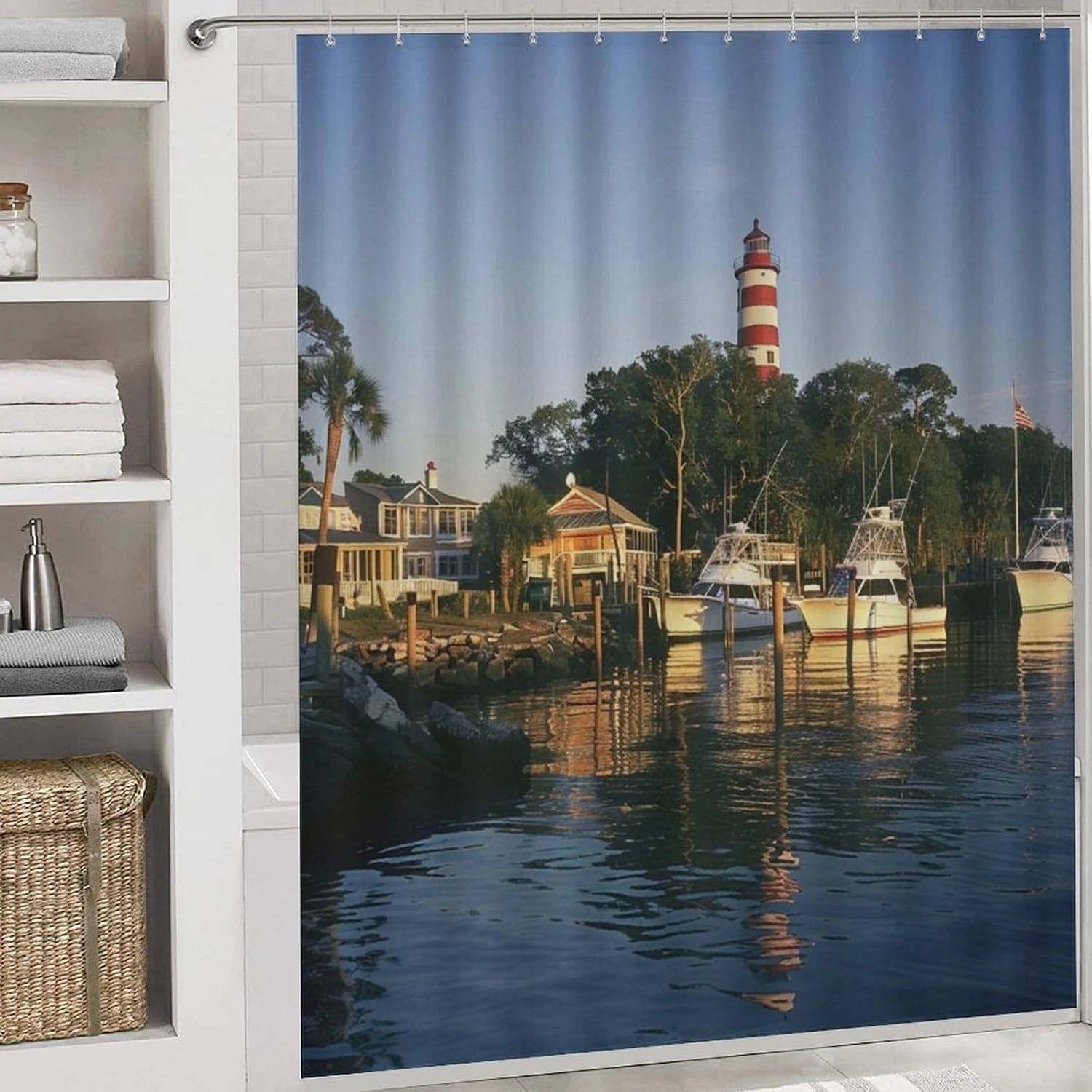 4pcs Waterways Lighthouse Boat Shower Curtain Set with Rugs, Toilet Lid Cover and Bath Mat, Modern Evening Trees Bathroom Curtains Decor Shower Curtains, 72" X 72"