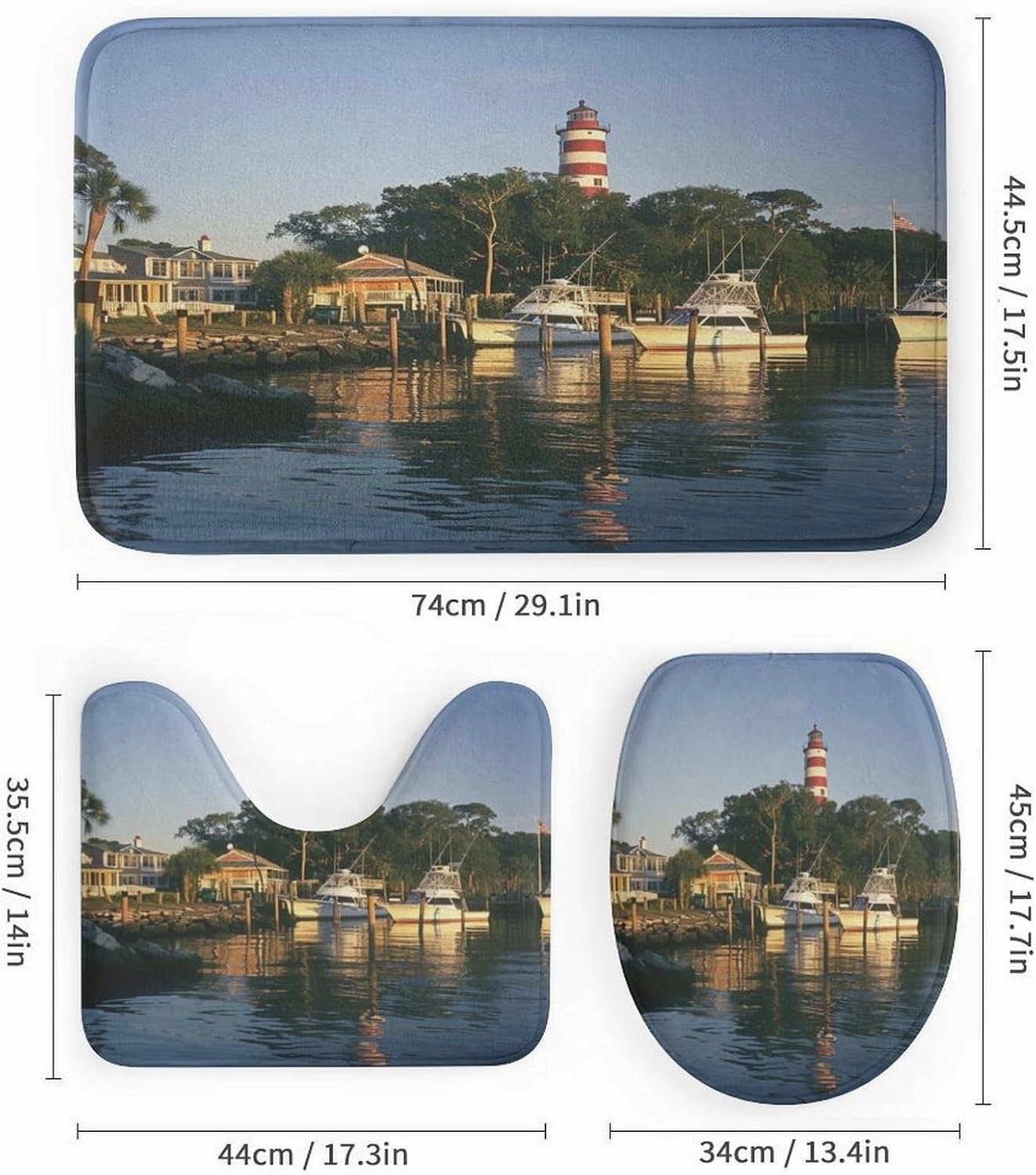 4pcs Waterways Lighthouse Boat Shower Curtain Set with Rugs, Toilet Lid Cover and Bath Mat, Modern Evening Trees Bathroom Curtains Decor Shower Curtains, 72" X 72"