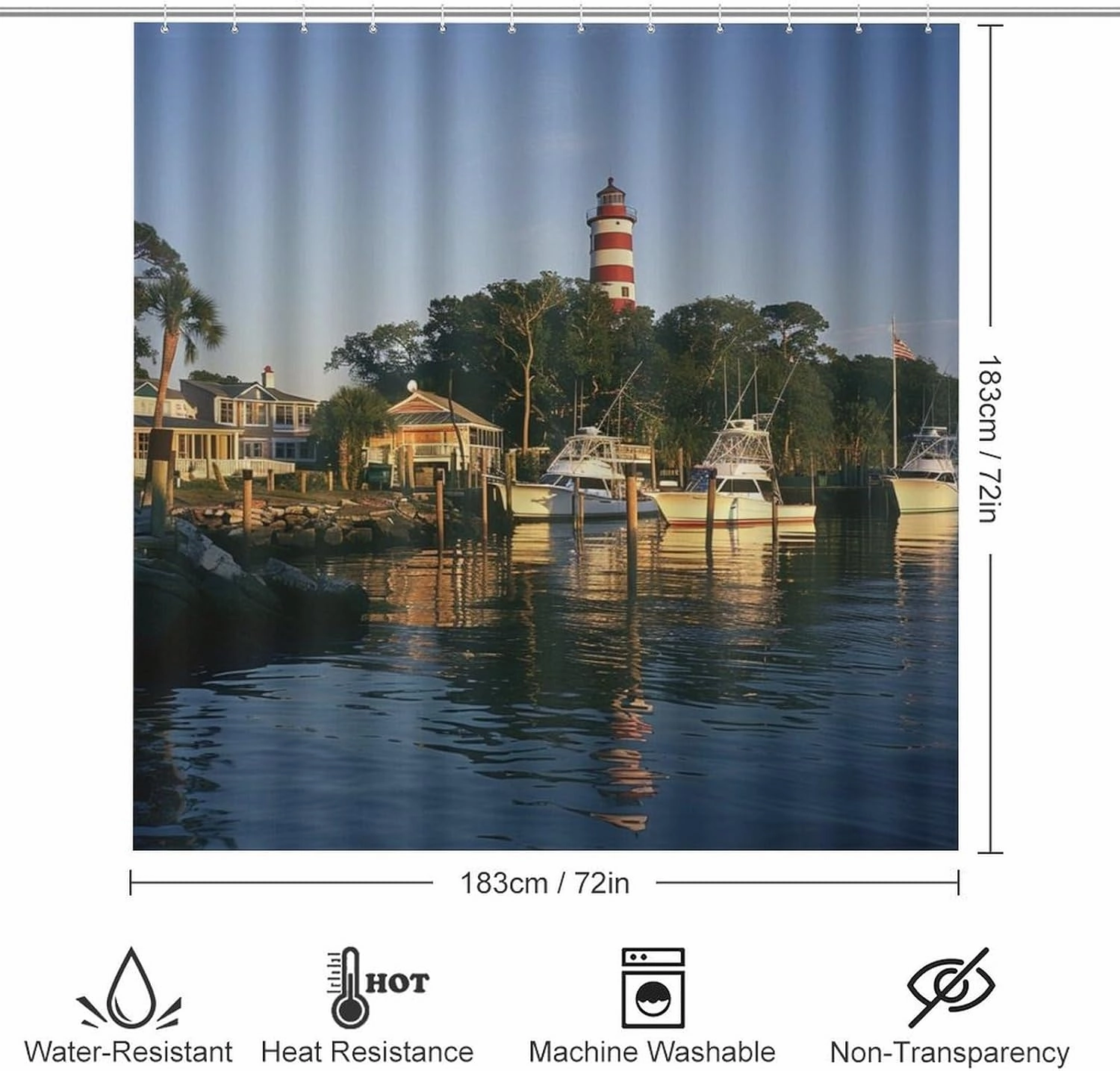 4pcs Waterways Lighthouse Boat Shower Curtain Set with Rugs, Toilet Lid Cover and Bath Mat, Modern Evening Trees Bathroom Curtains Decor Shower Curtains, 72" X 72"