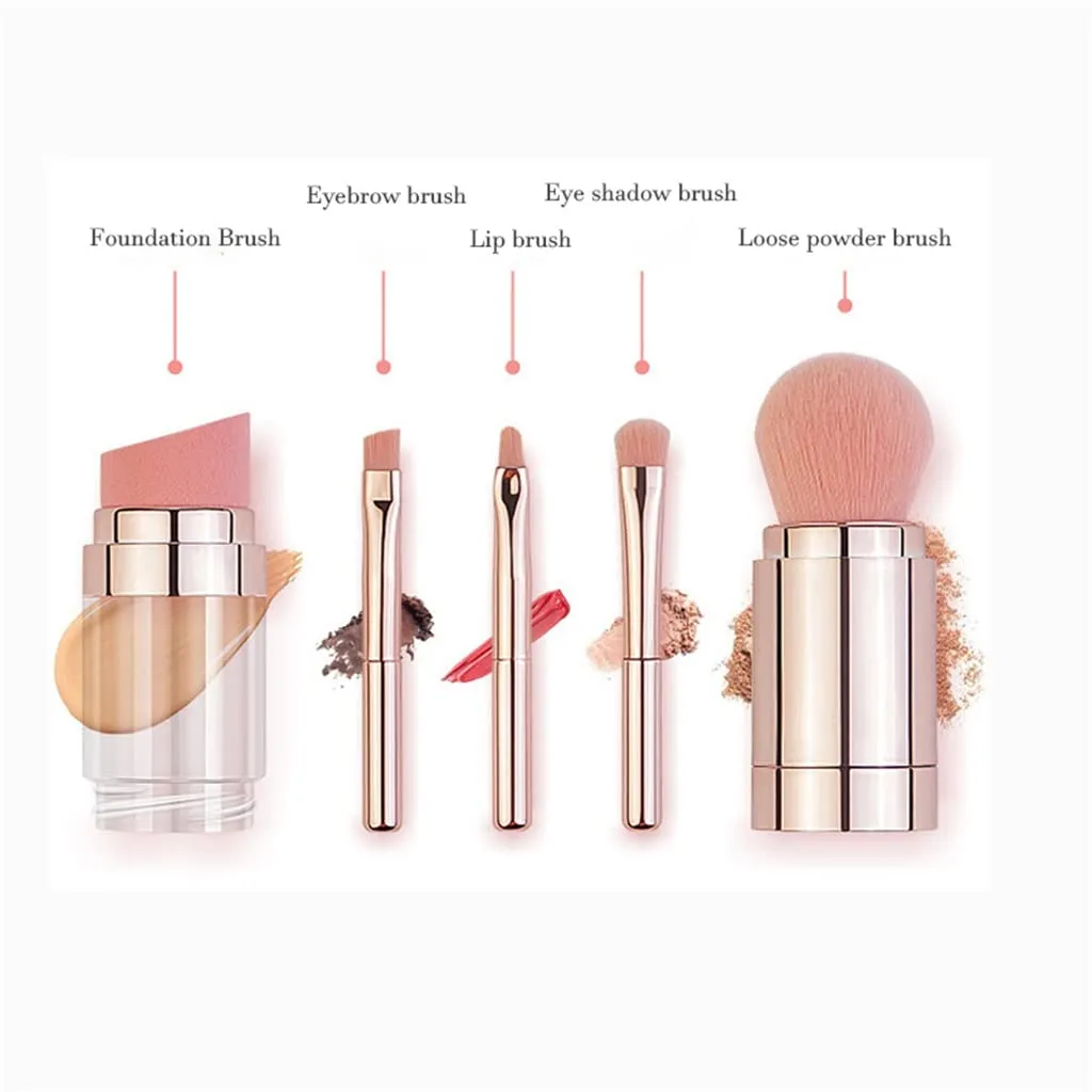5 In 1 Portable Retractable Makeup Brushes For Foundation Eyebrow Lip Eyeshadow Loose Powder Cosmetic Set Makeup Brush Tools, Argento