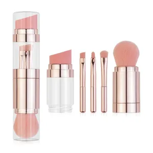 5 In 1 Portable Retractable Makeup Brushes For Foundation Eyebrow Lip Eyeshadow Loose Powder Cosmetic Set Makeup Brush Tools, Argento