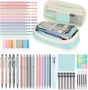 56 PCS Aesthetic School Supplies Cute Stationary Set with Large Pencil Case, Inspirational Ballpoint Pens, Highlighters, Black Ink Gel Pens,Mechanical Pencils 0.5-0.7mm, Student Essentials (Blue)
