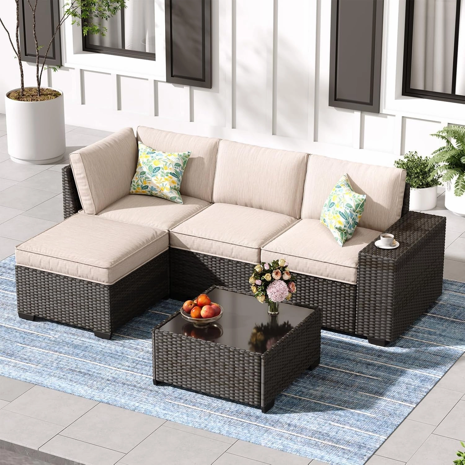 5 Pieces Outdoor Patio Furniture Set, Wicker Conversation Sets with Tea Table, Rattan Patio Sofa with Thick Cushions for Garden, Backyard Porch, Poolside,Beige
