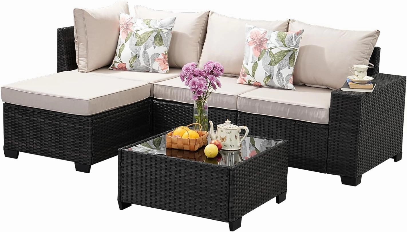 5 Pieces Outdoor Patio Furniture Set, Wicker Conversation Sets with Tea Table, Rattan Patio Sofa with Thick Cushions for Garden, Backyard Porch, Poolside,Beige