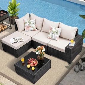 5 Pieces Outdoor Patio Furniture Set, Wicker Conversation Sets with Tea Table, Rattan Patio Sofa with Thick Cushions for Garden, Backyard Porch, Poolside,Beige