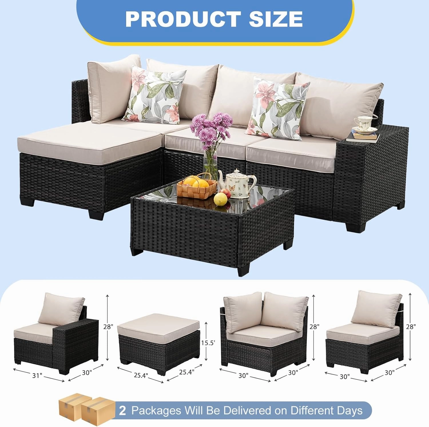 5 Pieces Outdoor Patio Furniture Set, Wicker Conversation Sets with Tea Table, Rattan Patio Sofa with Thick Cushions for Garden, Backyard Porch, Poolside,Beige