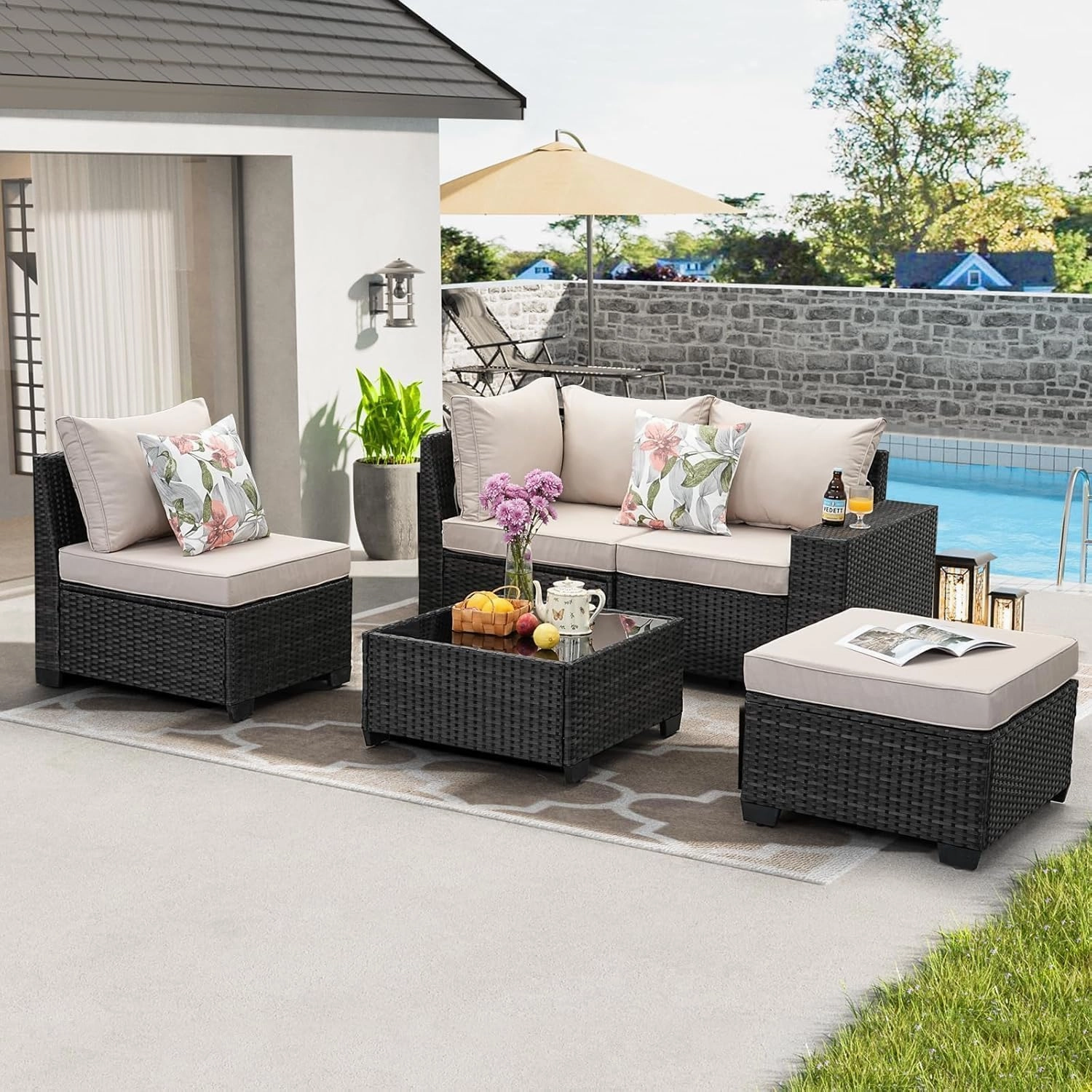 5 Pieces Outdoor Patio Furniture Set, Wicker Conversation Sets with Tea Table, Rattan Patio Sofa with Thick Cushions for Garden, Backyard Porch, Poolside,Beige