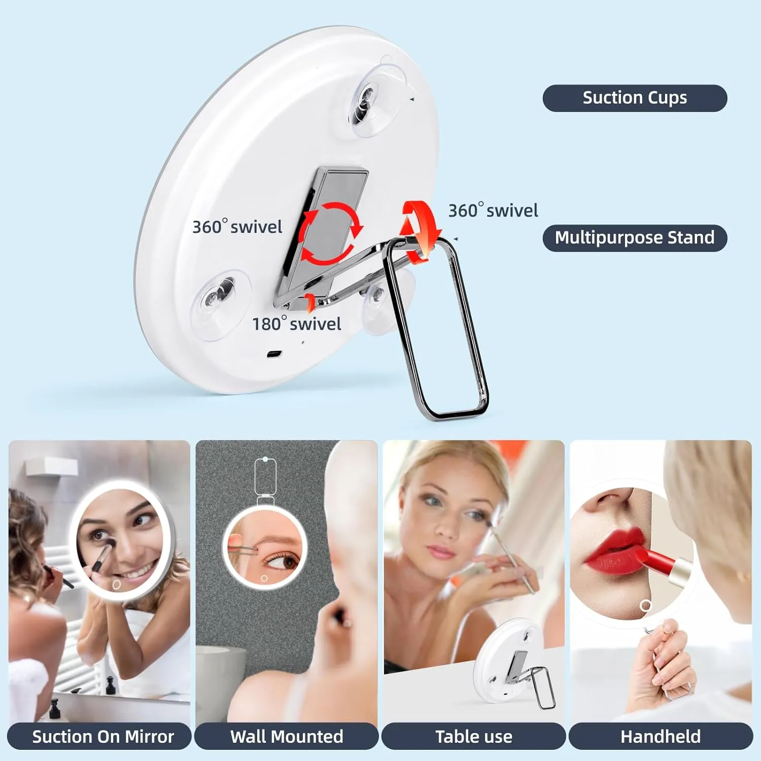 5X Magnifying Mirror With Light, 3 Color Modes Dimmable Large 6'' Lighted Mirror With Suction Cups & Table Stand, Travel Magnifier With Tweezers & Scissors