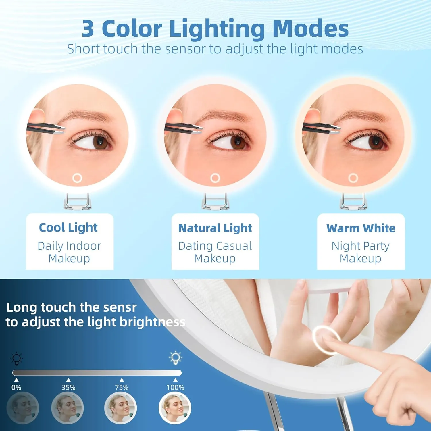 5X Magnifying Mirror With Light, 3 Color Modes Dimmable Large 6'' Lighted Mirror With Suction Cups & Table Stand, Travel Magnifier With Tweezers & Scissors