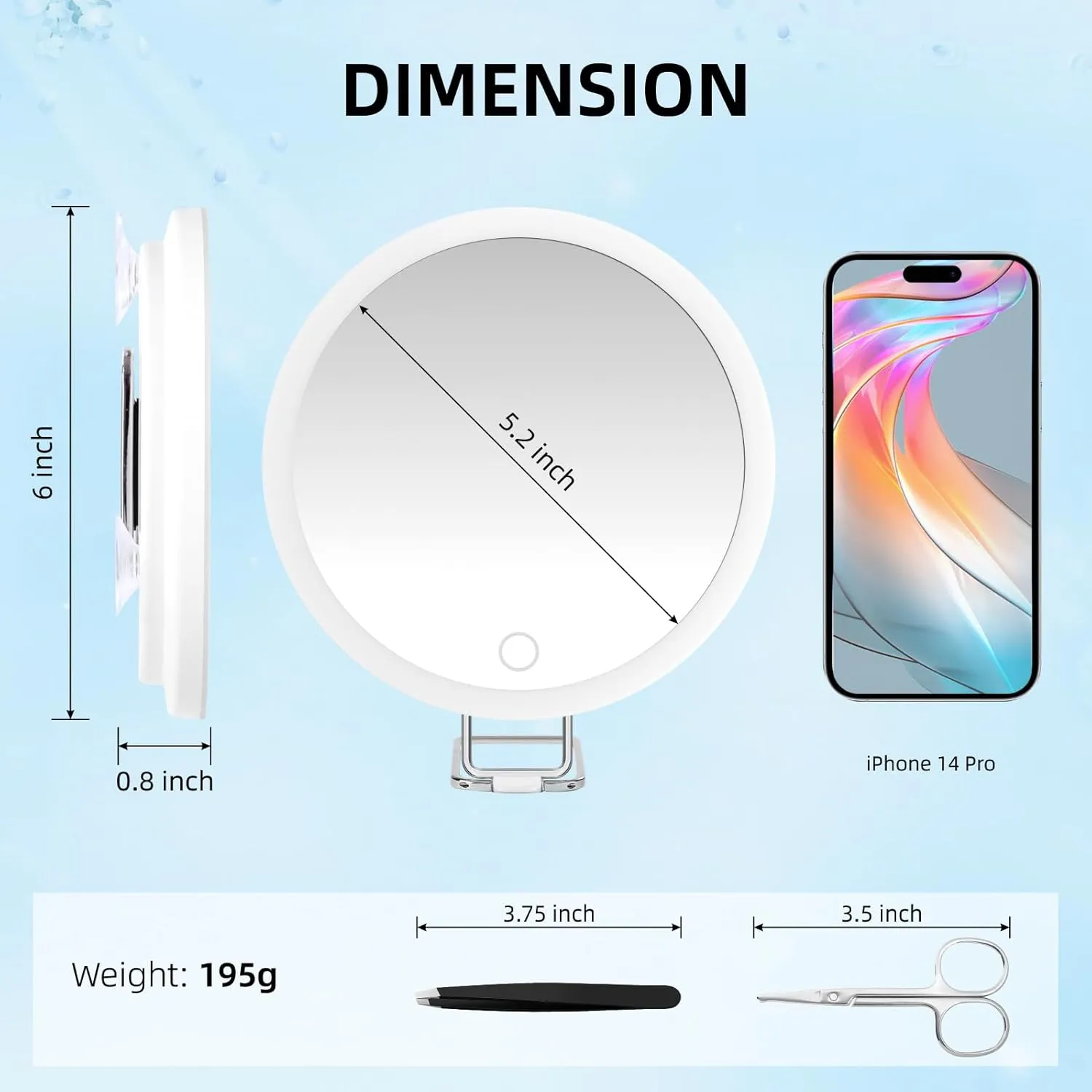 5X Magnifying Mirror With Light, 3 Color Modes Dimmable Large 6'' Lighted Mirror With Suction Cups & Table Stand, Travel Magnifier With Tweezers & Scissors