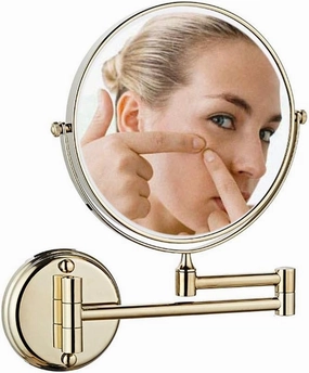 6 in Wall Mounted Makeup Mirror, Magnifying Wall Bathroom Mirror with 3/5X Magnification, Extendable Arm, Round, No Light, Double Sided Swivel Vanity Mirror for Bathroom (Color : Gold, Size : 5X)