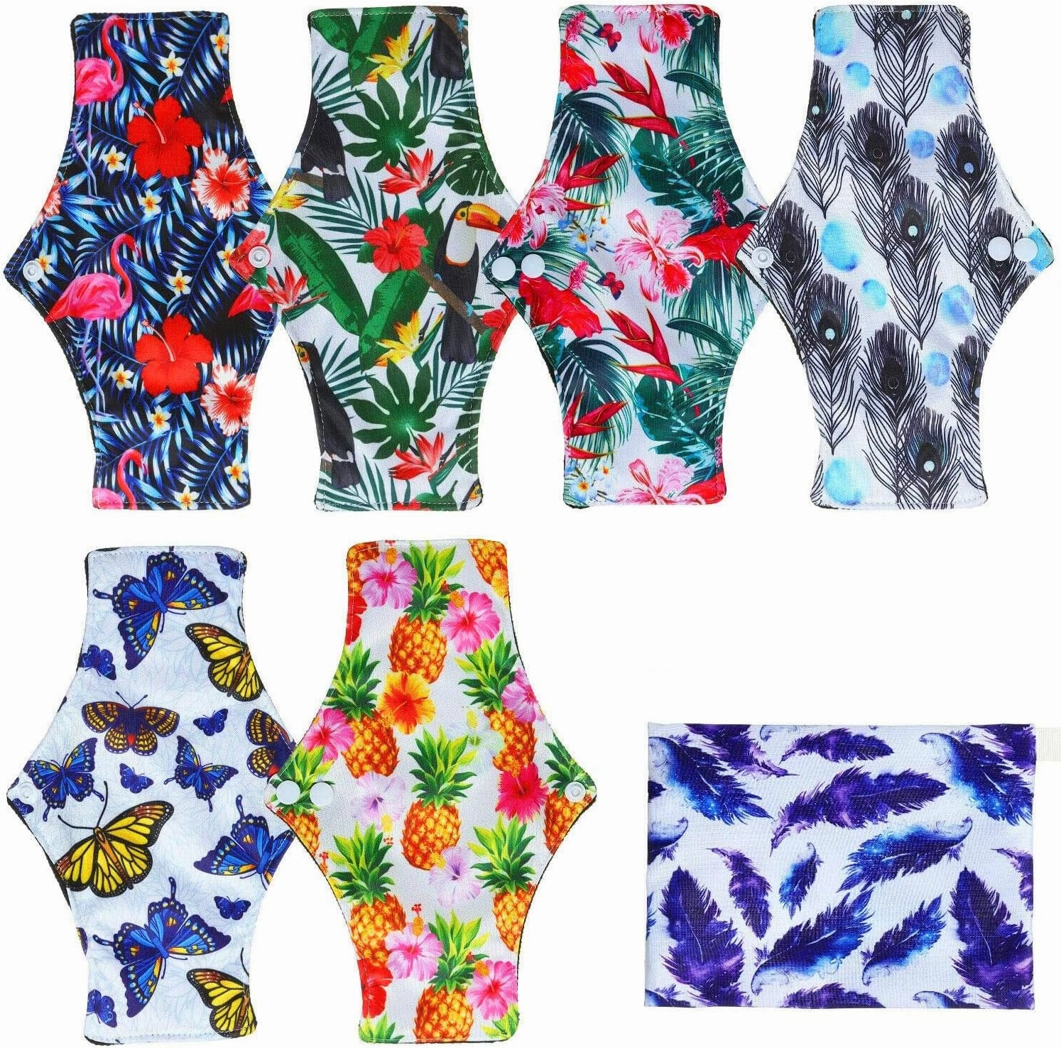 7 Pcs Reusable Waterproof Menstrual Pads Sets Including 1Pc Mini Wet Bag and 6Pcs Regular Flow Menstrual Pads Mama Cloth Sanitary Napkins