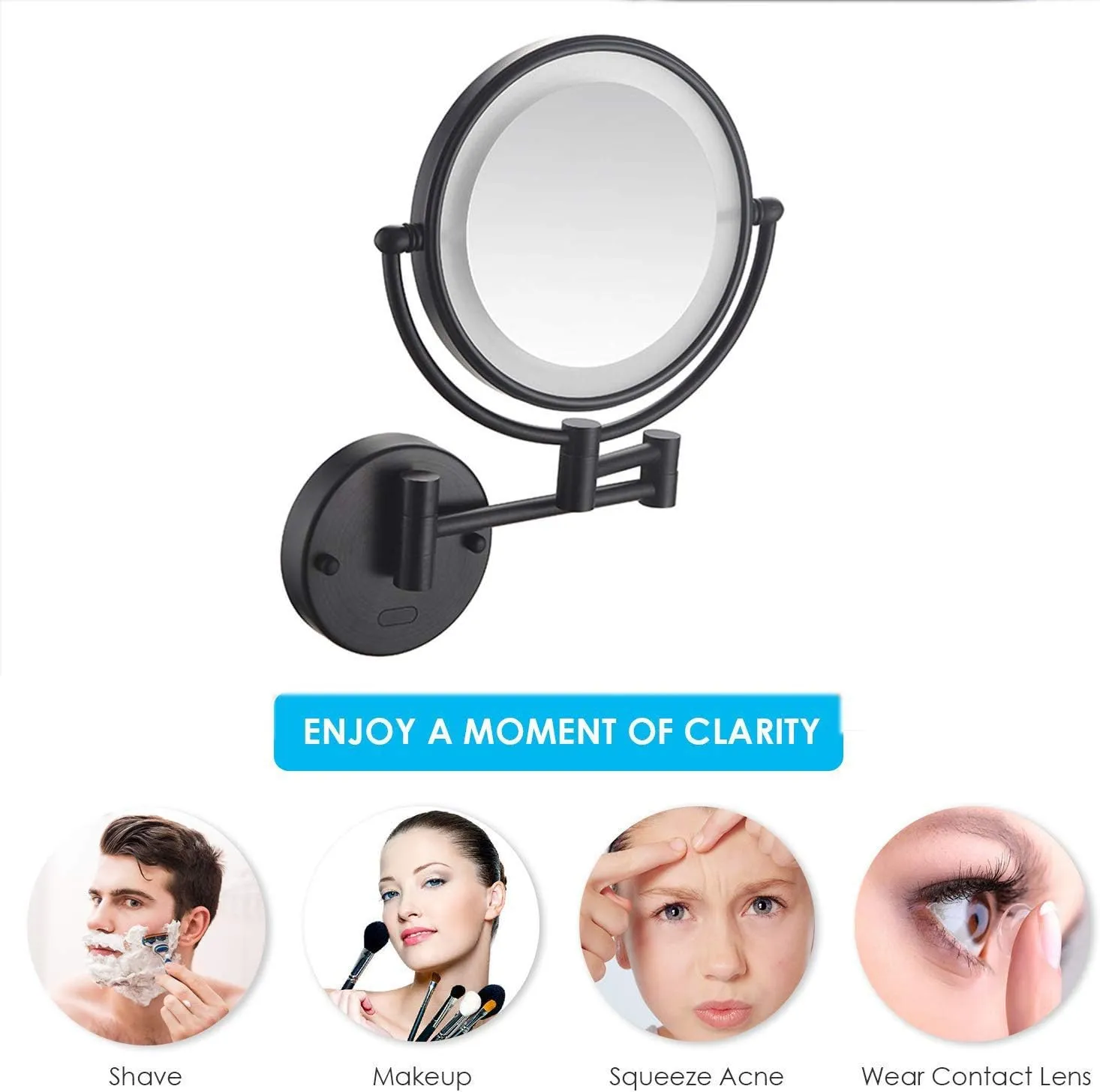 8 in Wall Mounted Makeup Mirror, Makeup Mirror for Bathroom with LED Lights, 360 Degree Swivel, Two-Sided Extendable, 9-Inch Extension, for Girls (Mat