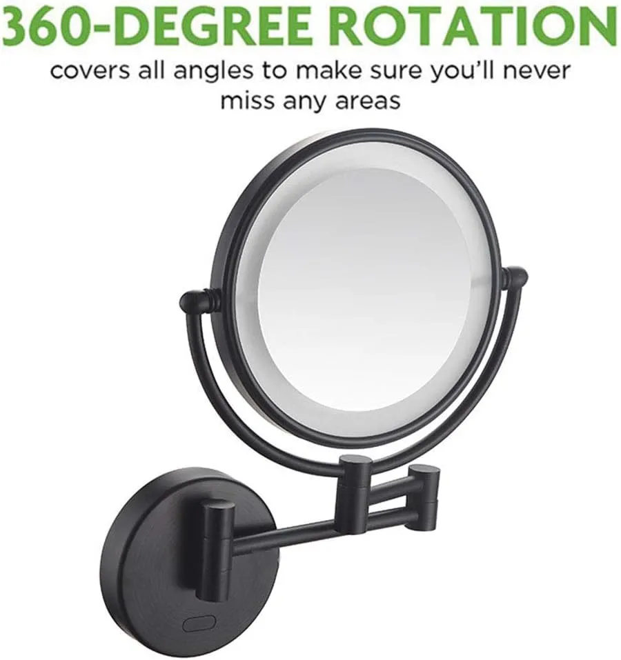 8 in Wall Mounted Makeup Mirror, Makeup Mirror for Bathroom with LED Lights, 360 Degree Swivel, Two-Sided Extendable, 9-Inch Extension, for Girls (Mat