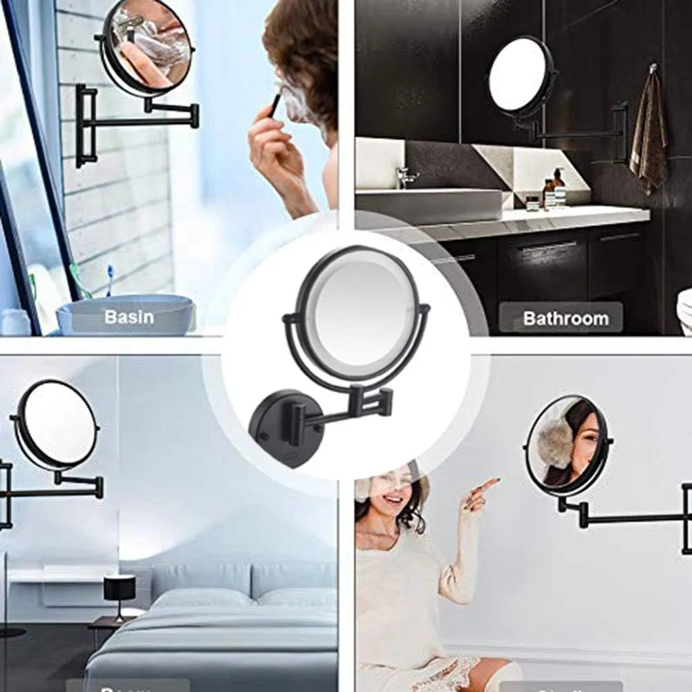 8 in Wall Mounted Makeup Mirror, Makeup Mirror for Bathroom with LED Lights, 360 Degree Swivel, Two-Sided Extendable, 9-Inch Extension, for Girls (Mat