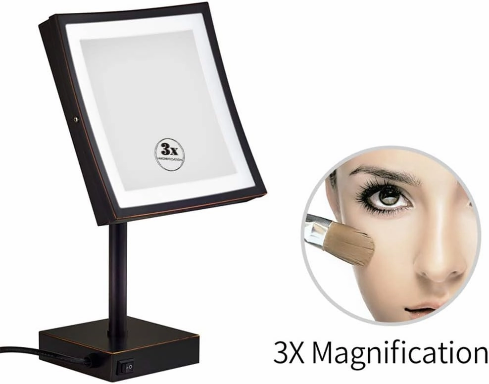 8.5 Inch Makeup Mirrors, Vanity LED Lighted Brass Adjustable Standing Cosmetic 3X Magnifying with Switch Plug(Black)