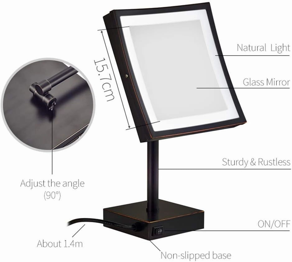 8.5 Inch Makeup Mirrors, Vanity LED Lighted Brass Adjustable Standing Cosmetic 3X Magnifying with Switch Plug(Black)