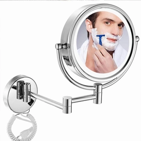 8.5-Inch Wall Mounted Makeup Mirror, Magnifying Wall Bathroom Mirror with LED Lights, Two-Sided Extendable, 360 Degree Swivel Rotation, Chrome Finish, Plug Operated ( Color : Bright Silver , Size : 7X