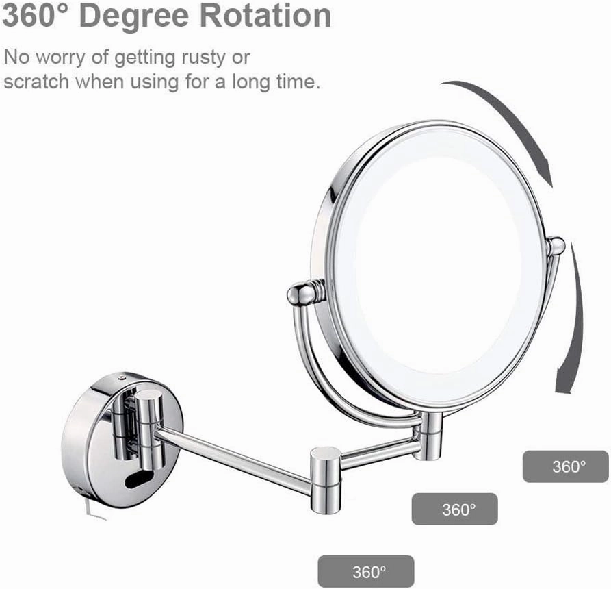 8 in Wall Mounted Makeup Mirror, Makeup Mirror for Bathroom with LDE Lights, 360 Degree Swivel, Two-Sided Extendable, 9-Inch Extension, for Girls