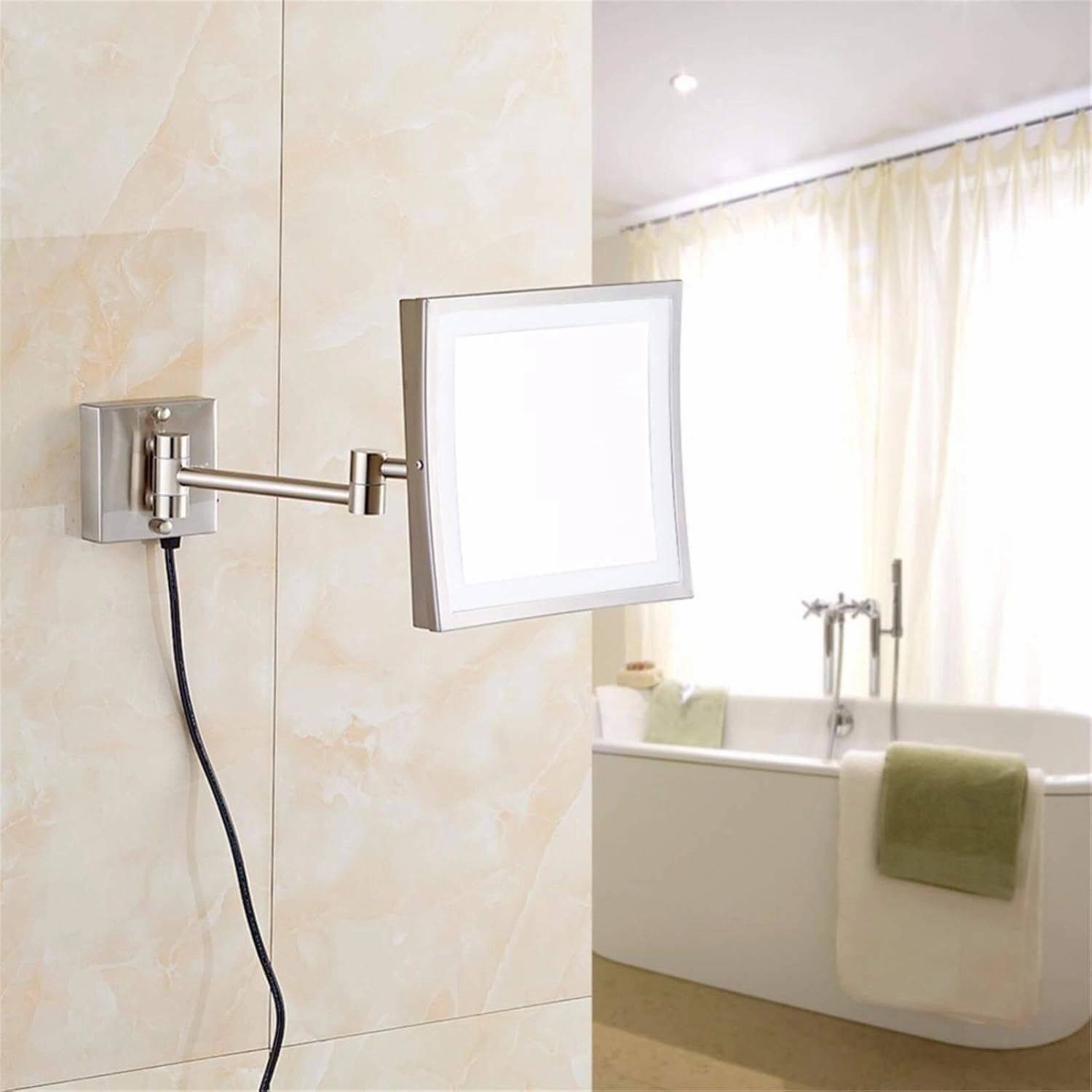 8-Inch Brass Wall-Mounted Makeup Mirror with LED Light & Magnification, 360° Rotation, Extendable Arm, 3X/5X Magnification(Nickel,3X)