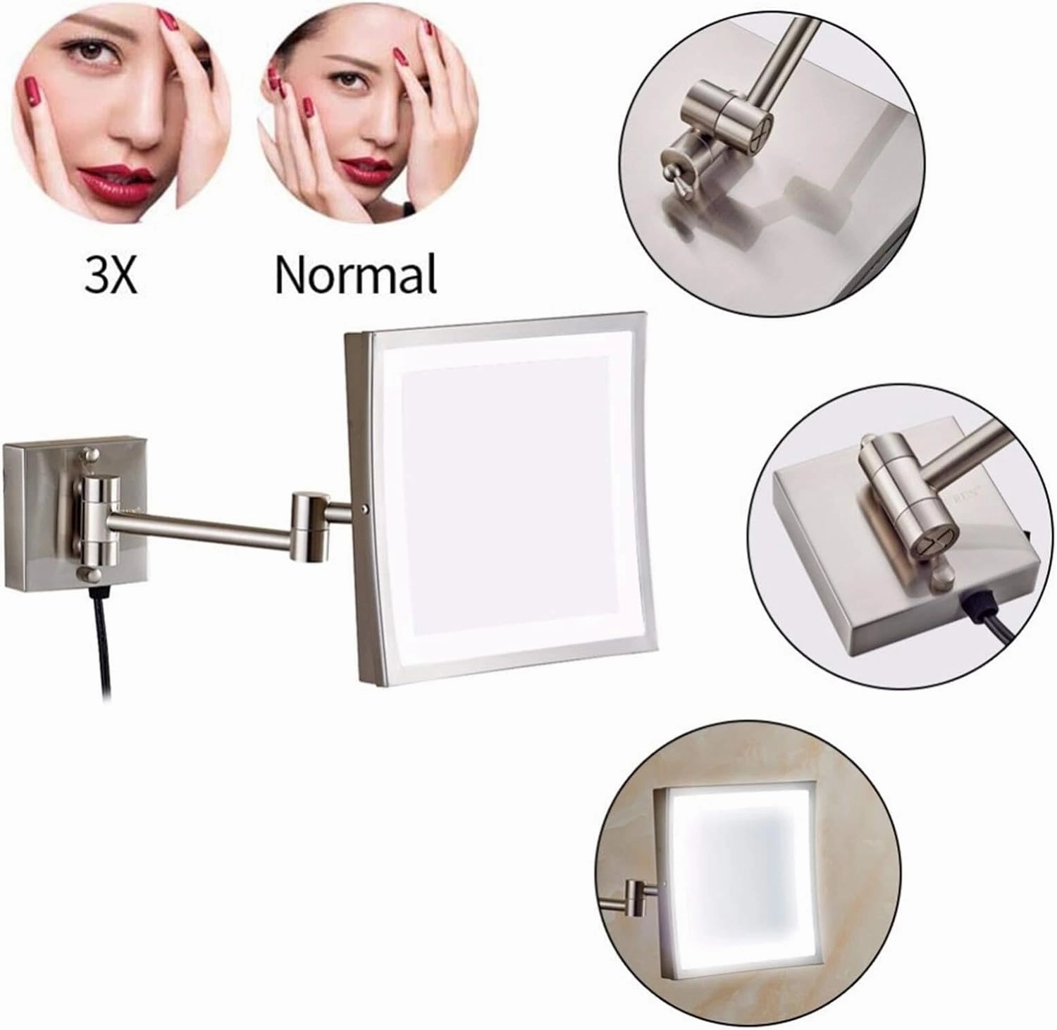8-Inch Brass Wall-Mounted Makeup Mirror with LED Light & Magnification, 360° Rotation, Extendable Arm, 3X/5X Magnification(Nickel,3X)