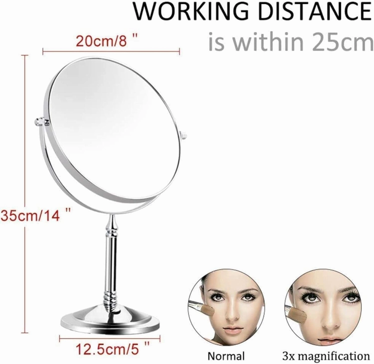 8 Inch Standing Makeup Mirrors, Double Sided Magnification and Regular 360 Rotating Brass Vanity Cosmetic(Chrome,10X)