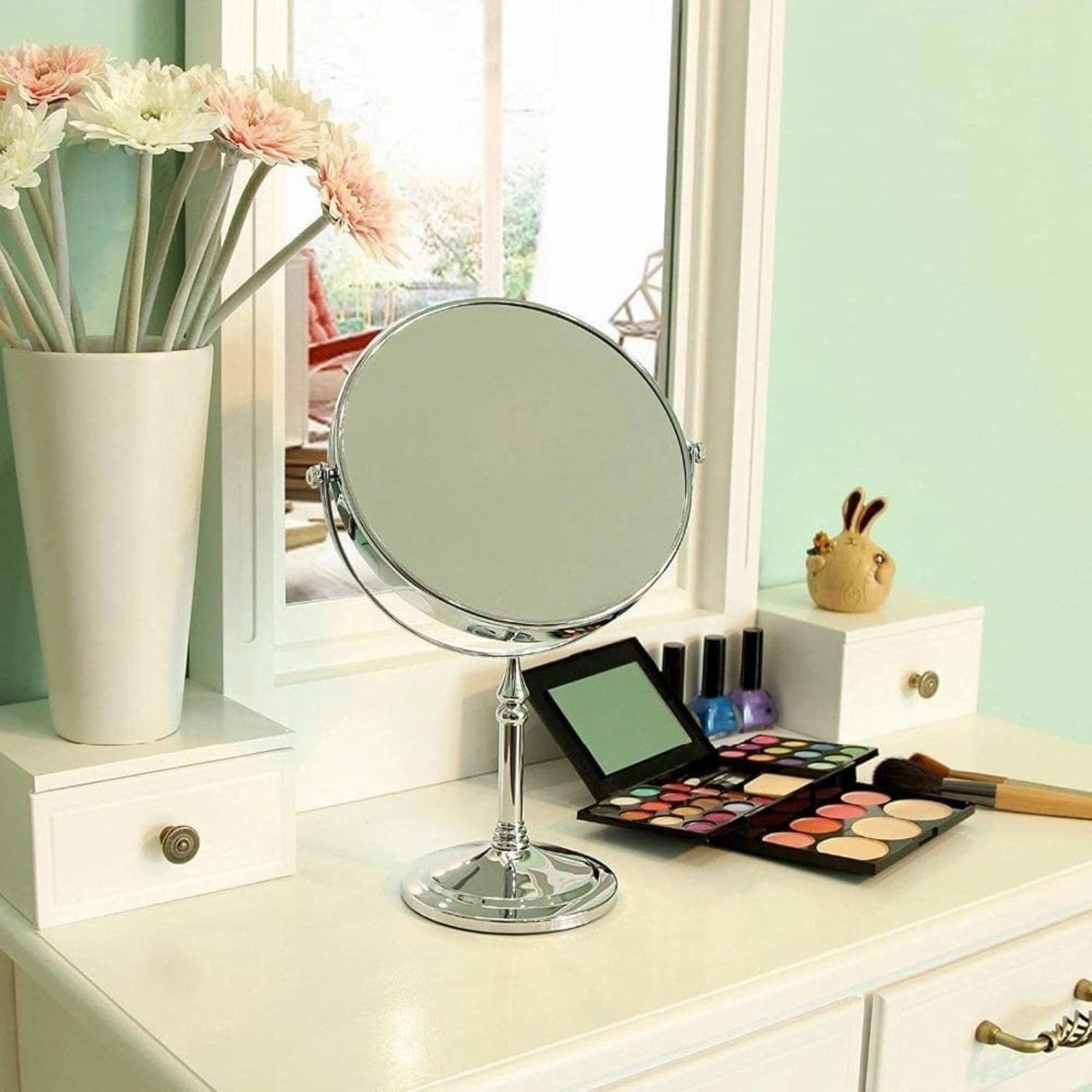 8 Inch Standing Makeup Mirrors, Double Sided Magnification and Regular 360 Rotating Brass Vanity Cosmetic(Chrome,10X)