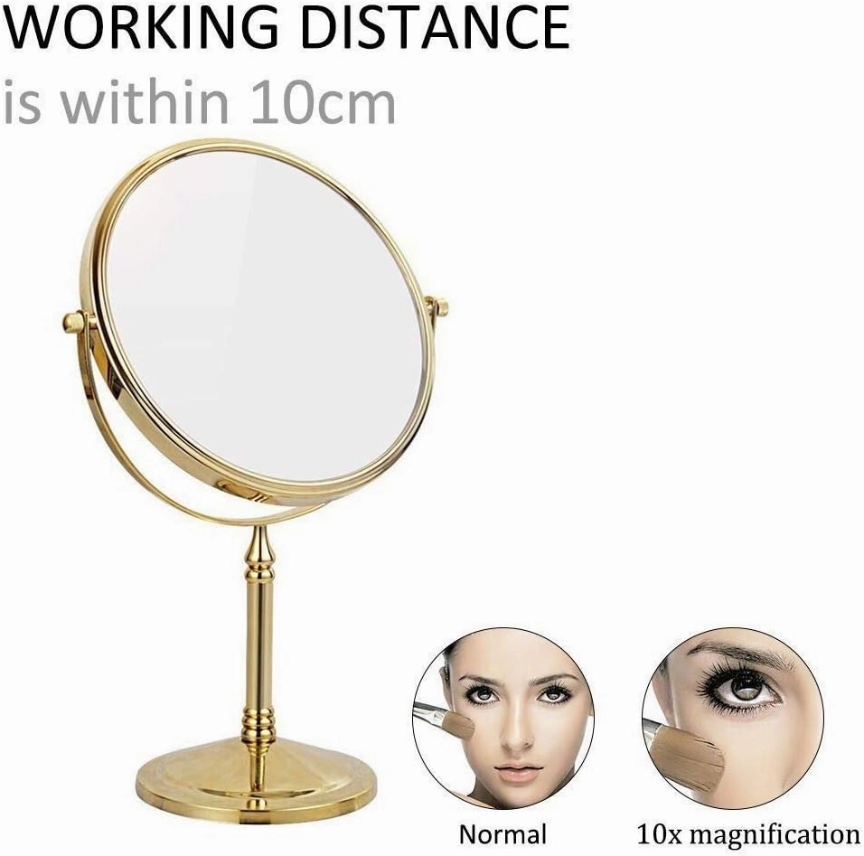 8 Inch Standing Makeup Mirrors,Double Sided Magnification and Regular 360 Rotating Brass Vanity Cosmetic,Gold,3X